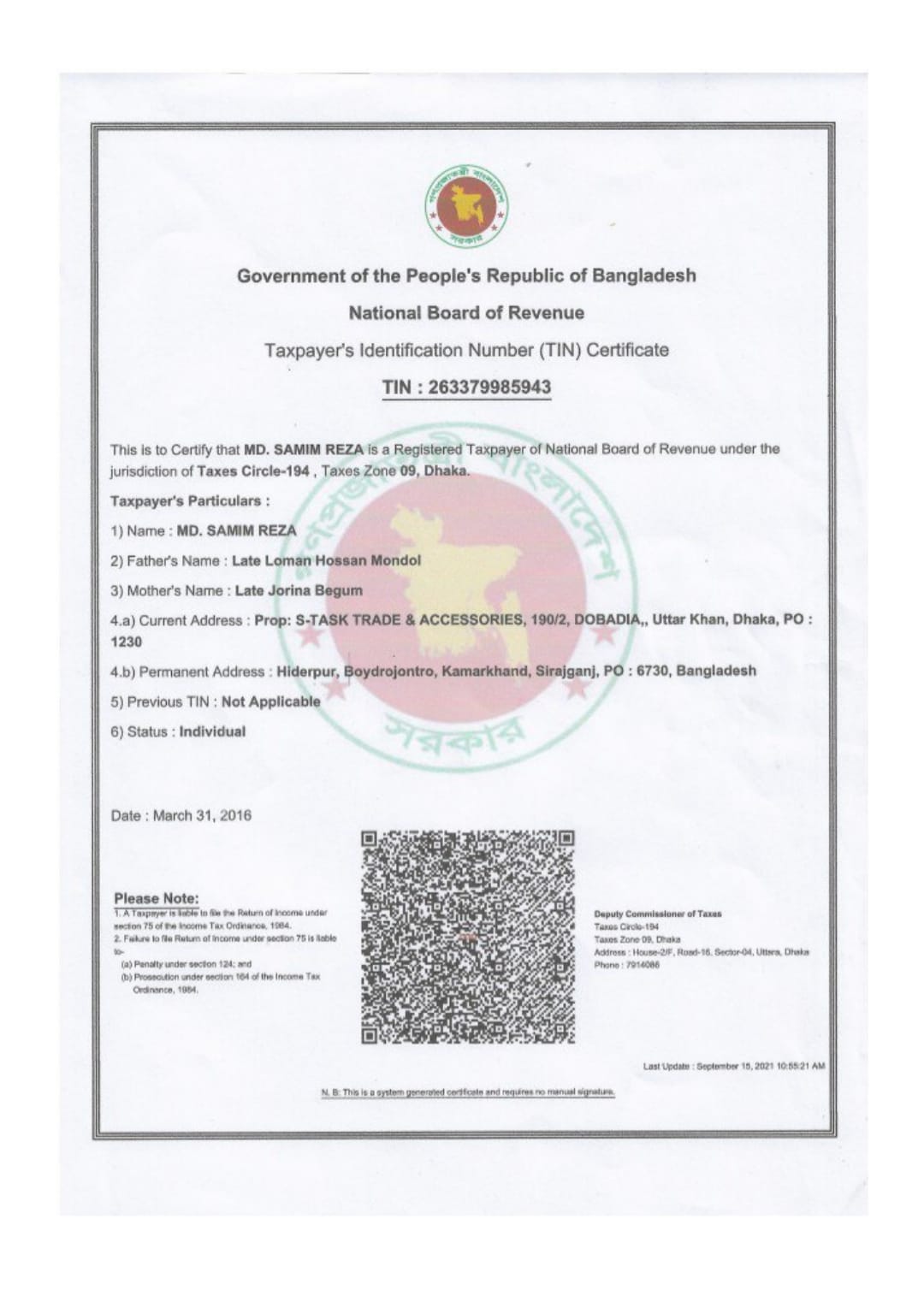 TIN Certificate